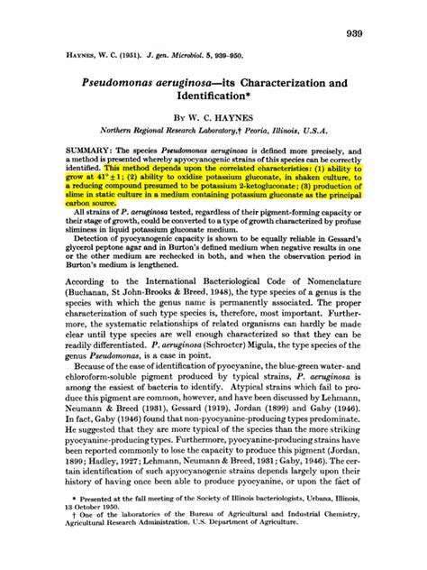 Pseudomonas aeruginosa—its Characterization and Identification.